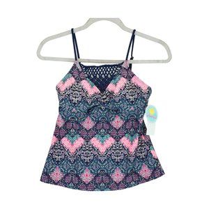 NWT ISLAND SOUL Macrame‎ Navy Multicolor Metallic Pattern Tankini Top Size S